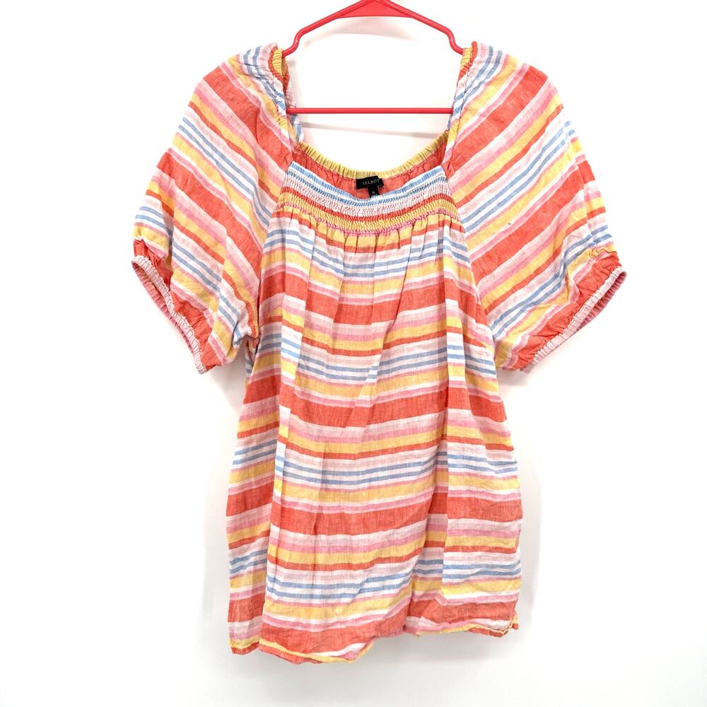 Talbots Size XL Short Sleeve Blouse Top Shirt 100% Linen Striped Multicolor